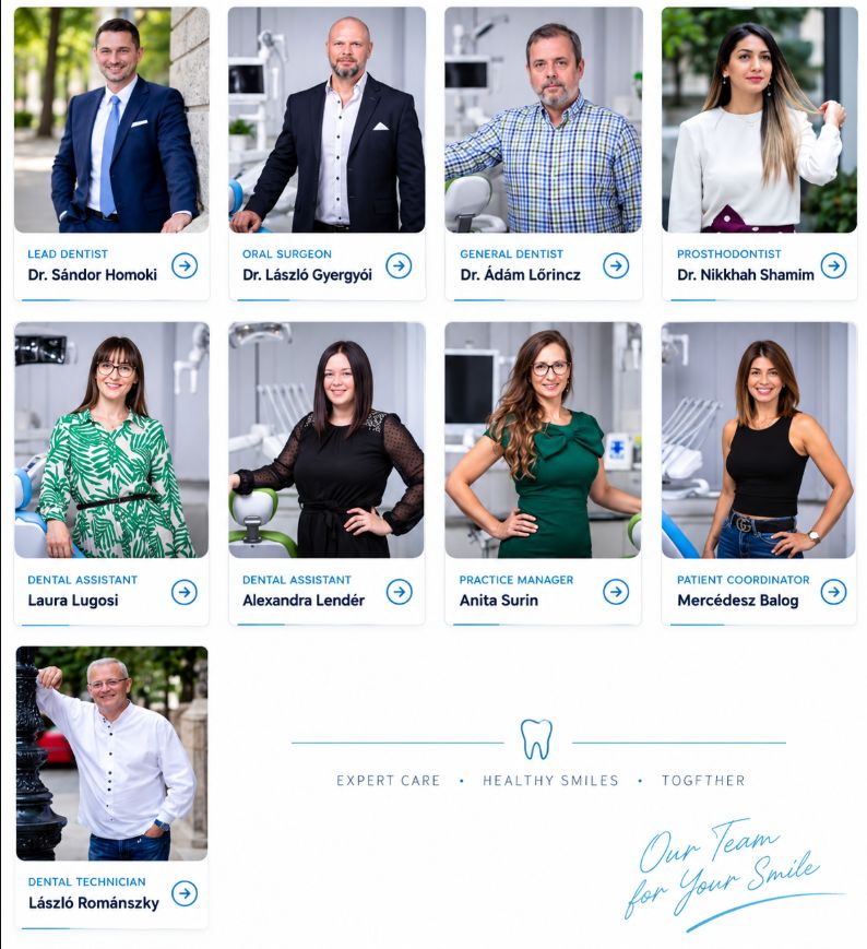 SmileExpert dental clinic team featuring dentists, oral surgeon, dental assistants, practice manager, patient coordinator, and dental technician.